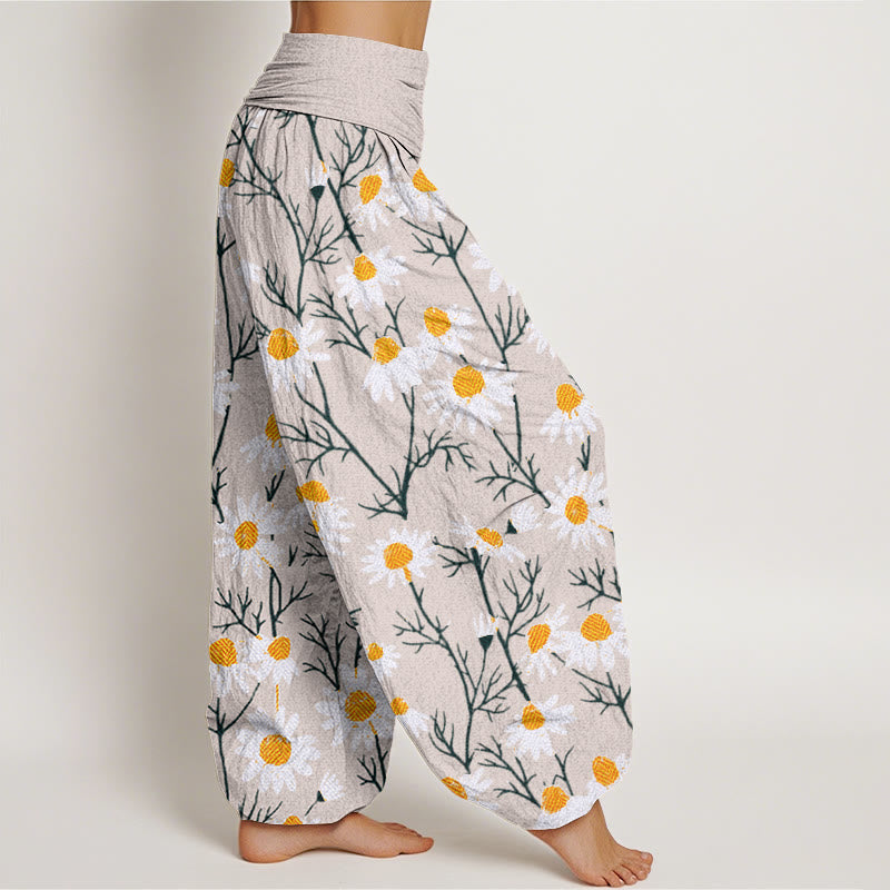 Pantalon sarouel à taille élastique pour femme, motif marguerites et pétales blancs, Buddha Stones - image 10