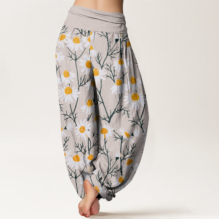 Pantalon sarouel à taille élastique pour femme, motif marguerites et pétales blancs, Buddha Stones - image 9