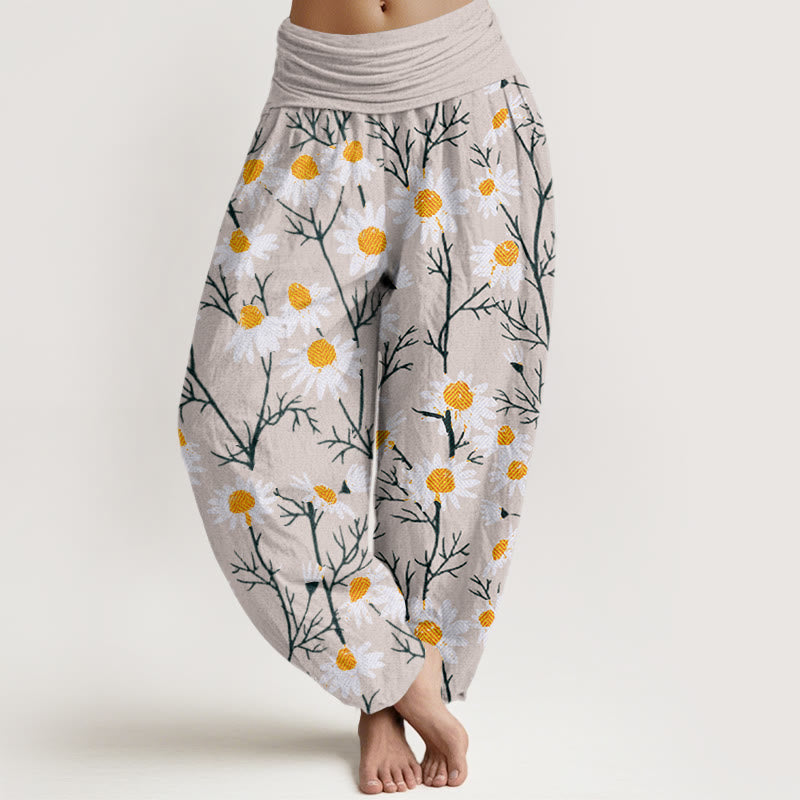 Pantalon sarouel à taille élastique pour femme, motif marguerites et pétales blancs, Buddha Stones - Beige - US22，UK/AU26，EU54 (6XL) - image 7