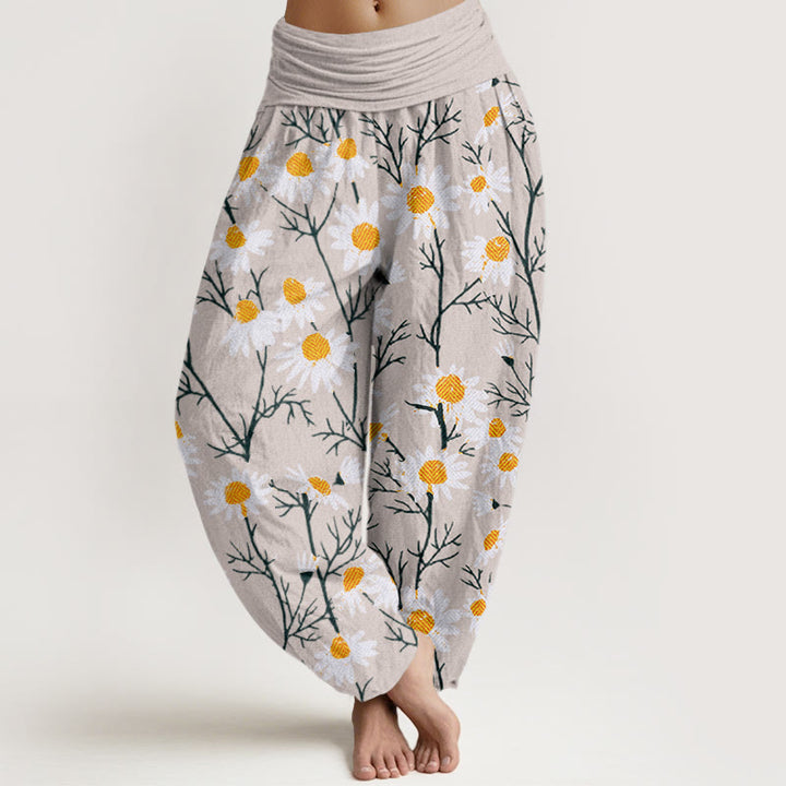 Pantalon sarouel à taille élastique pour femme, motif marguerites et pétales blancs, Buddha Stones - Beige - US22，UK/AU26，EU54 (6XL) - image 8
