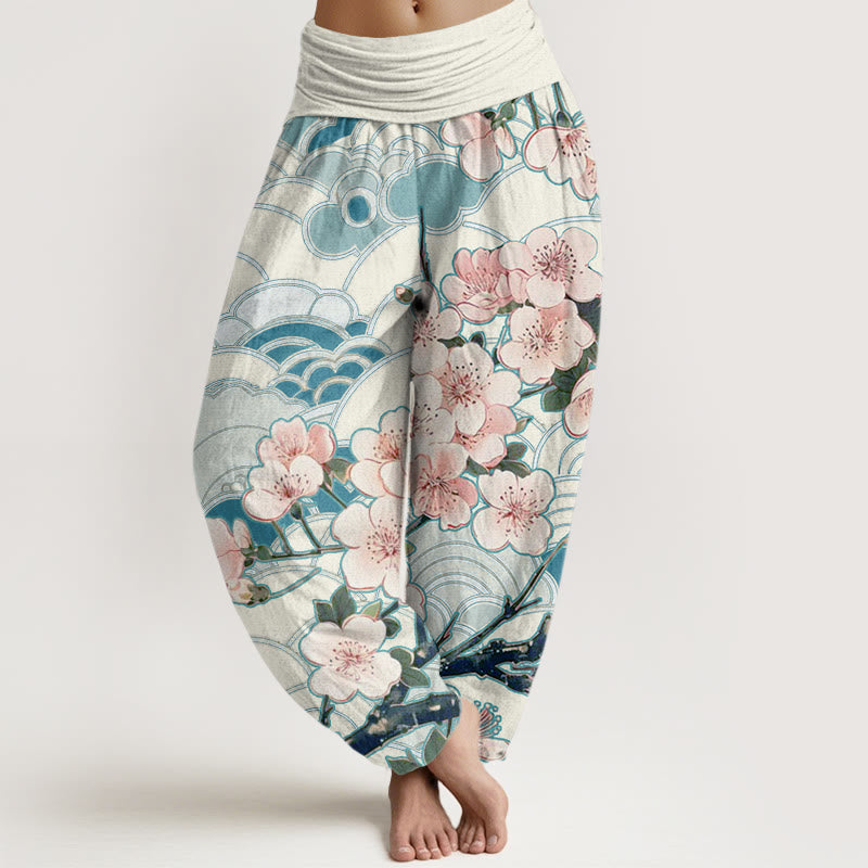 Pantalon sarouel à taille élastique pour femme, motif vagues de fleurs de cerisier et Buddha Stones - Bleu royal - US22，UK/AU26，EU54 (6XL) - image 1