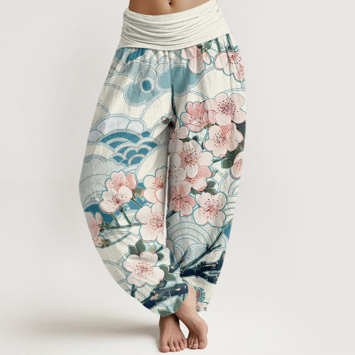 Pantalon sarouel à taille élastique pour femme, motif vagues de fleurs de cerisier et Buddha Stones - Bleu royal - US22，UK/AU26，EU54 (6XL) - image 1