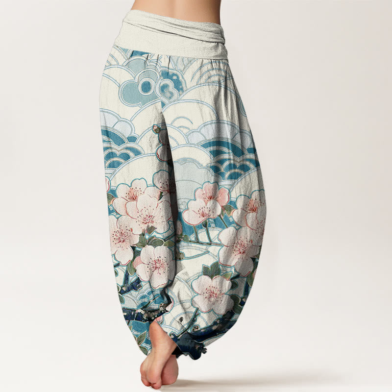 Pantalon sarouel à taille élastique pour femme, motif vagues de fleurs de cerisier et Buddha Stones - image 2