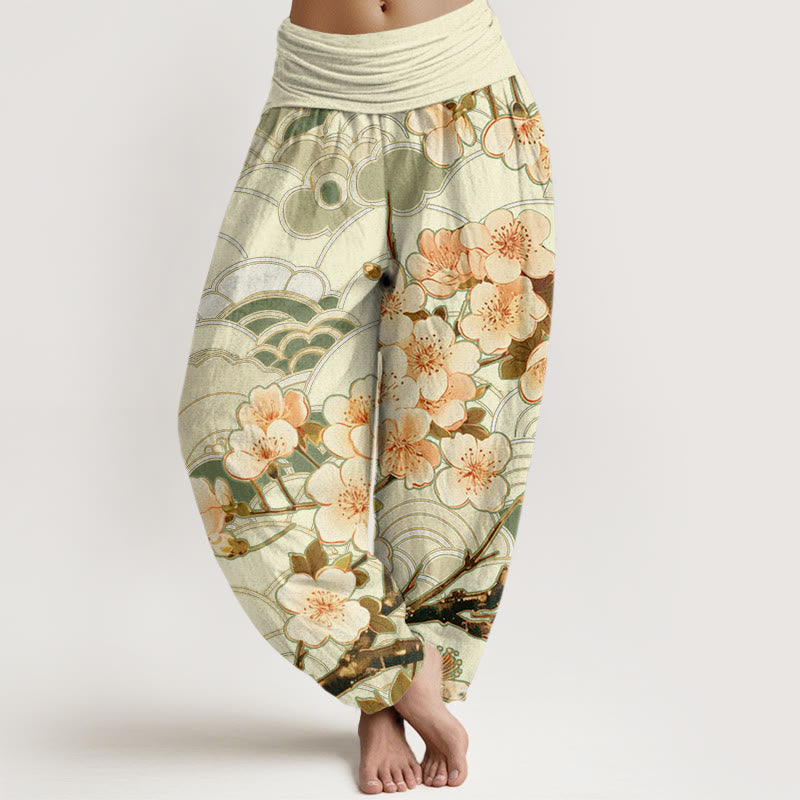 Pantalon sarouel à taille élastique pour femme, motif vagues de fleurs de cerisier et Buddha Stones - OliveDrab - US22，UK/AU26，EU54 (6XL) - image 8