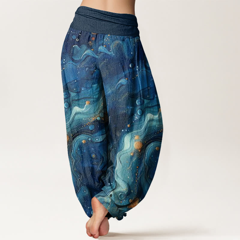 Pantalon harem à taille élastique pour femme, en coton, motif étoiles dorées océaniques, avec Buddha Stones - image 1