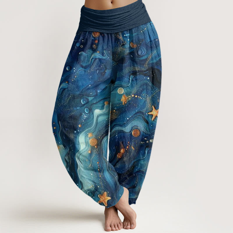 Pantalon sarouel à taille élastique pour femme avec motif étoile dorée et Buddha Stones - Bleu foncé - US22，UK/AU26，EU54 (6XL) - image 1