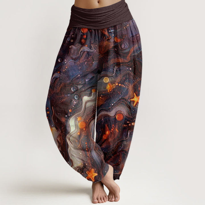 Pantalon sarouel à taille élastique pour femme avec motif étoile dorée et Buddha Stones - SaddleBrown - US22，UK/AU26，EU54 (6XL) - image 5