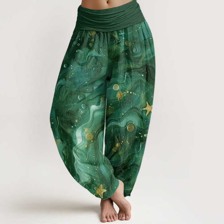 Pantalon sarouel à taille élastique pour femme avec motif étoile dorée et Buddha Stones - Vert foncé - US22，UK/AU26，EU54 (6XL) - image 8