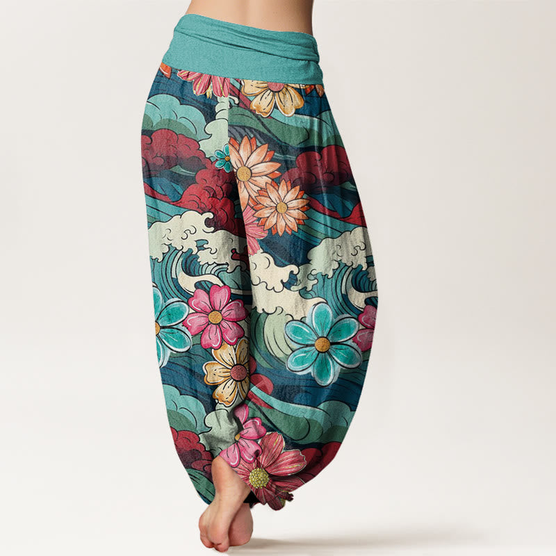 Pantalon sarouel à taille élastique pour femme, motif de vagues océaniques colorées et de Buddha Stones - image 1