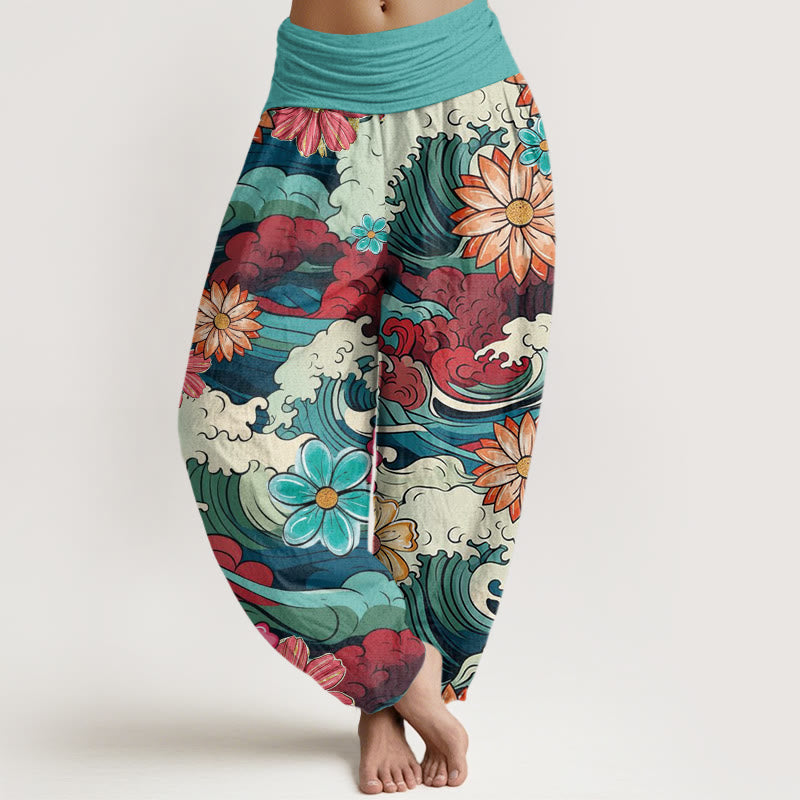 Pantalon harem à taille élastique pour femme, en coton, motif vagues océaniques et fleurs variées, avec Buddha Stones - Turquoise moyen - US22，UK/AU26，EU54 (6XL) - image 0