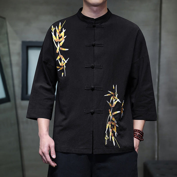 Chemise à manches trois-quarts pour homme, broderie de Buddha Stones , boutons de grenouille chinois, vêtements