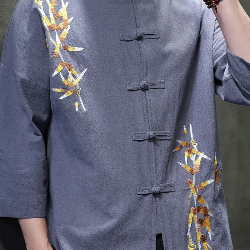 Chemise à manches trois-quarts pour homme, broderie de Buddha Stones , boutons de grenouille chinois, vêtements