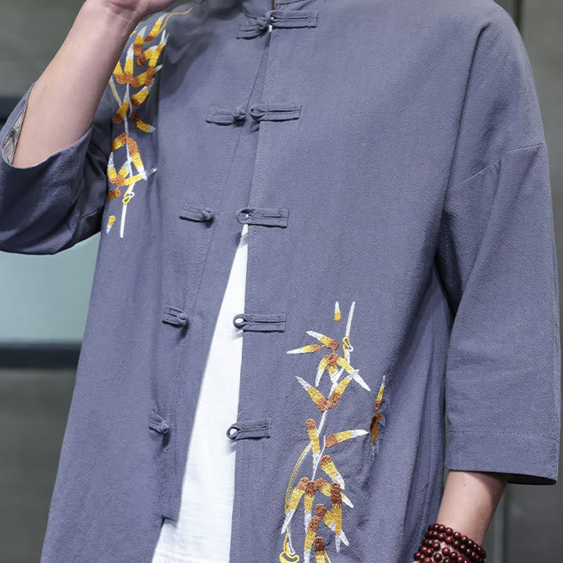Chemise à manches trois-quarts pour homme, broderie de Buddha Stones , boutons de grenouille chinois, vêtements