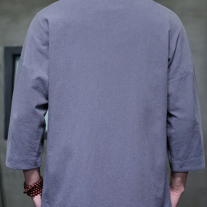Chemise à manches trois-quarts pour homme, broderie de Buddha Stones , boutons de grenouille chinois, vêtements