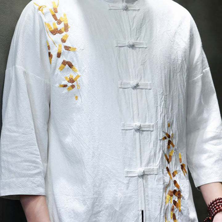 Chemise à manches trois-quarts pour homme, broderie de Buddha Stones , boutons de grenouille chinois, vêtements