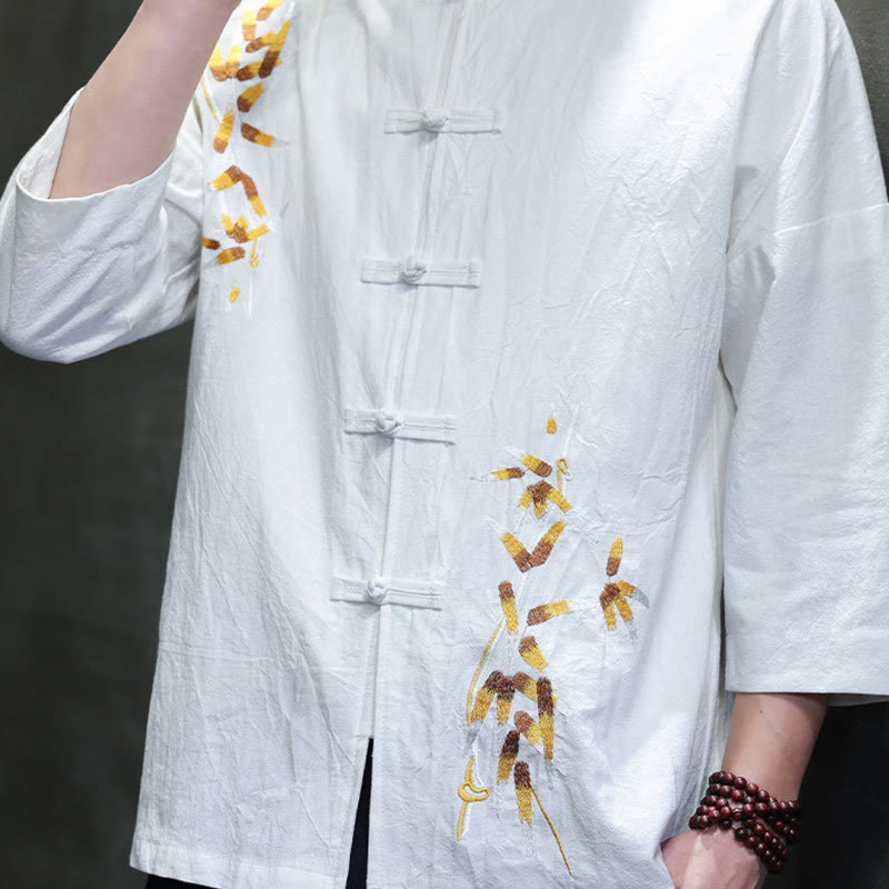 Chemise à manches trois-quarts pour homme, broderie de Buddha Stones , boutons de grenouille chinois, vêtements