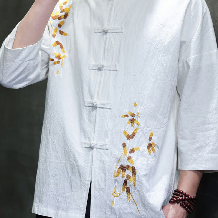 Chemise à manches trois-quarts pour homme, broderie de Buddha Stones , boutons de grenouille chinois, vêtements