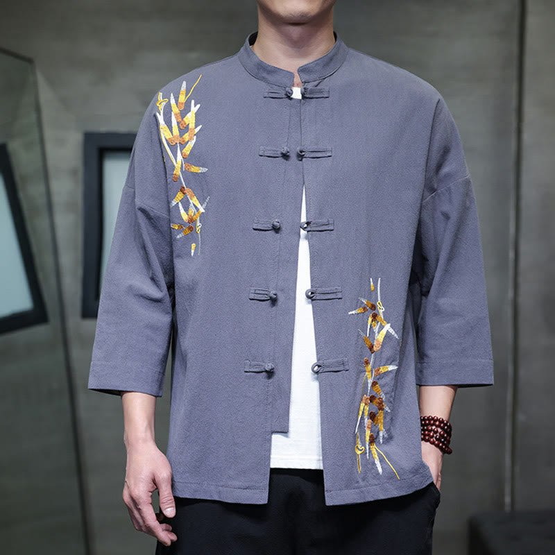 Chemise à manches trois-quarts pour homme, broderie de Buddha Stones , boutons de grenouille chinois, vêtements