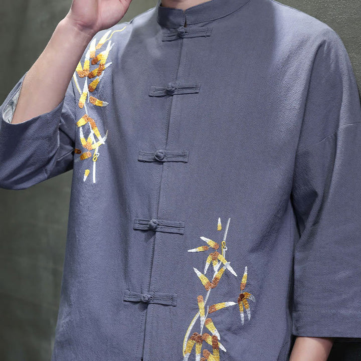 Chemise à manches trois-quarts pour homme, broderie de Buddha Stones , boutons de grenouille chinois, vêtements