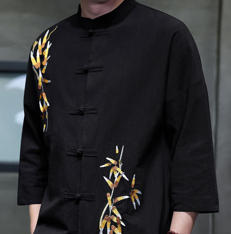Chemise à manches trois-quarts pour homme, broderie de Buddha Stones , boutons de grenouille chinois, vêtements