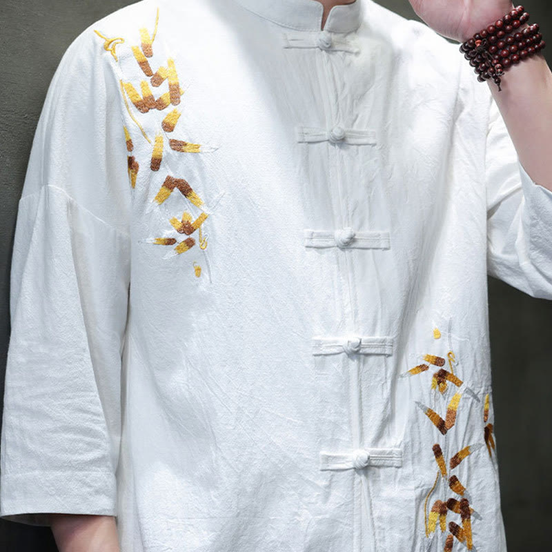 Chemise à manches trois-quarts pour homme, broderie de Buddha Stones , boutons de grenouille chinois, vêtements
