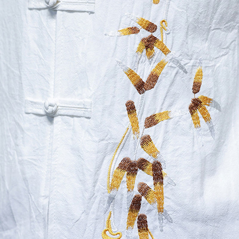 Chemise à manches trois-quarts pour homme, broderie de Buddha Stones , boutons de grenouille chinois, vêtements