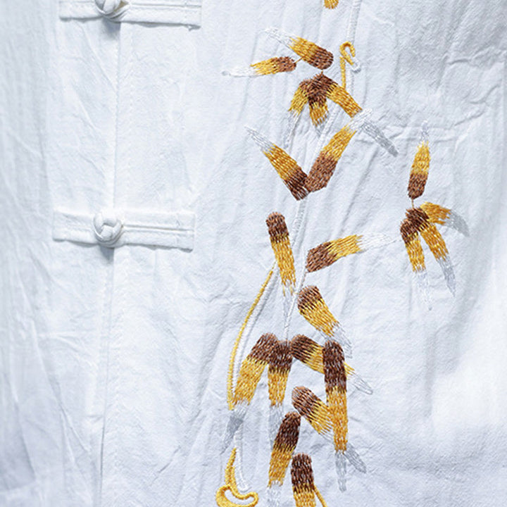 Chemise à manches trois-quarts pour homme, broderie de Buddha Stones , boutons de grenouille chinois, vêtements