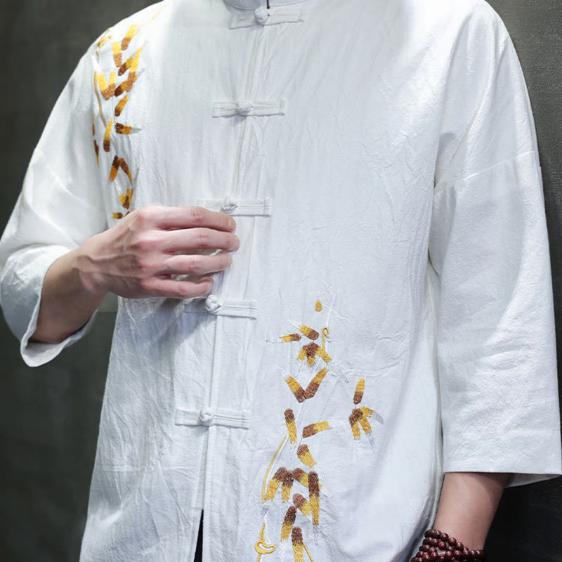 Chemise à manches trois-quarts pour homme, broderie de Buddha Stones , boutons de grenouille chinois, vêtements