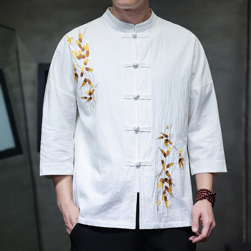 Chemise à manches trois-quarts pour homme, broderie de Buddha Stones , boutons de grenouille chinois, vêtements