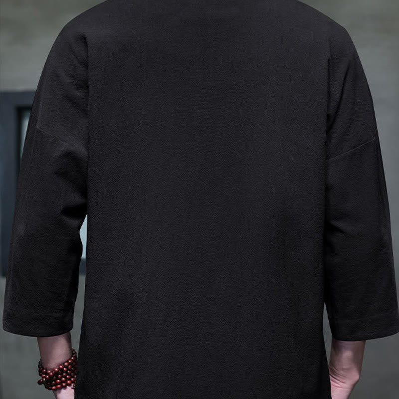 Chemise à manches trois-quarts pour homme, broderie de Buddha Stones , boutons de grenouille chinois, vêtements - image 3