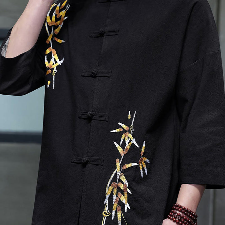 Chemise à manches trois-quarts pour homme, broderie de Buddha Stones , boutons de grenouille chinois, vêtements - image 5