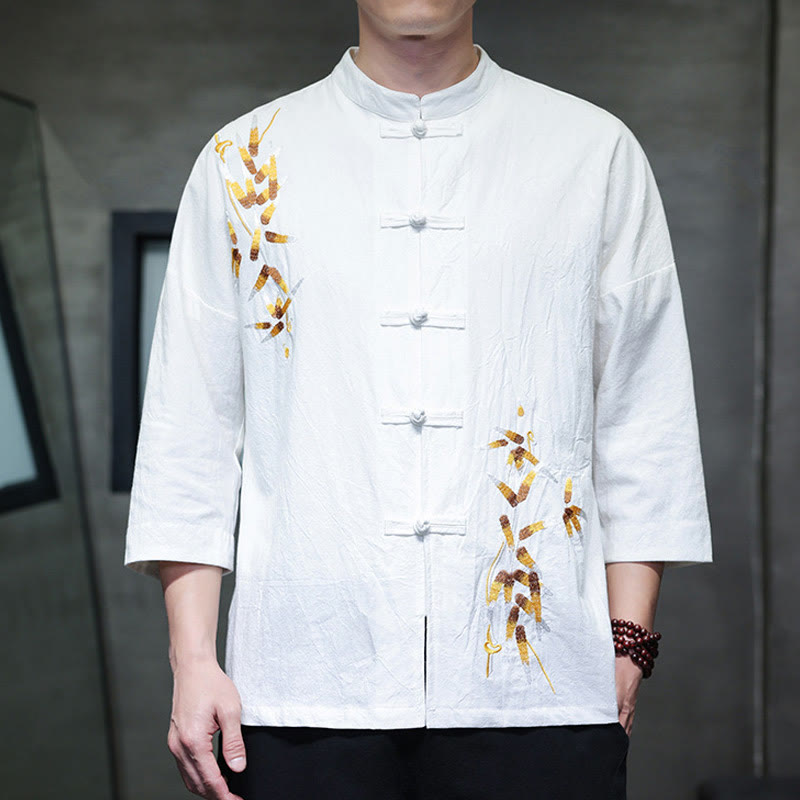 Chemise à manches trois-quarts pour homme, broderie de Buddha Stones , boutons de grenouille chinois, vêtements