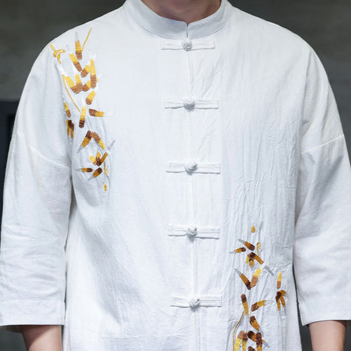 Chemise à manches trois-quarts pour homme, broderie de Buddha Stones , boutons de grenouille chinois, vêtements