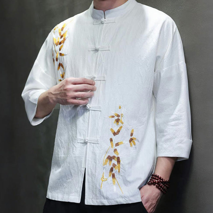 Chemise à manches trois-quarts pour homme, broderie de Buddha Stones , boutons de grenouille chinois, vêtements