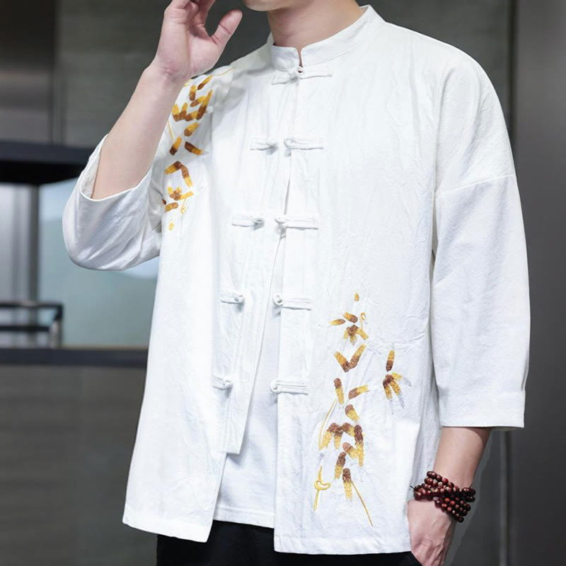 Chemise à manches trois-quarts pour homme, broderie de Buddha Stones , boutons de grenouille chinois, vêtements