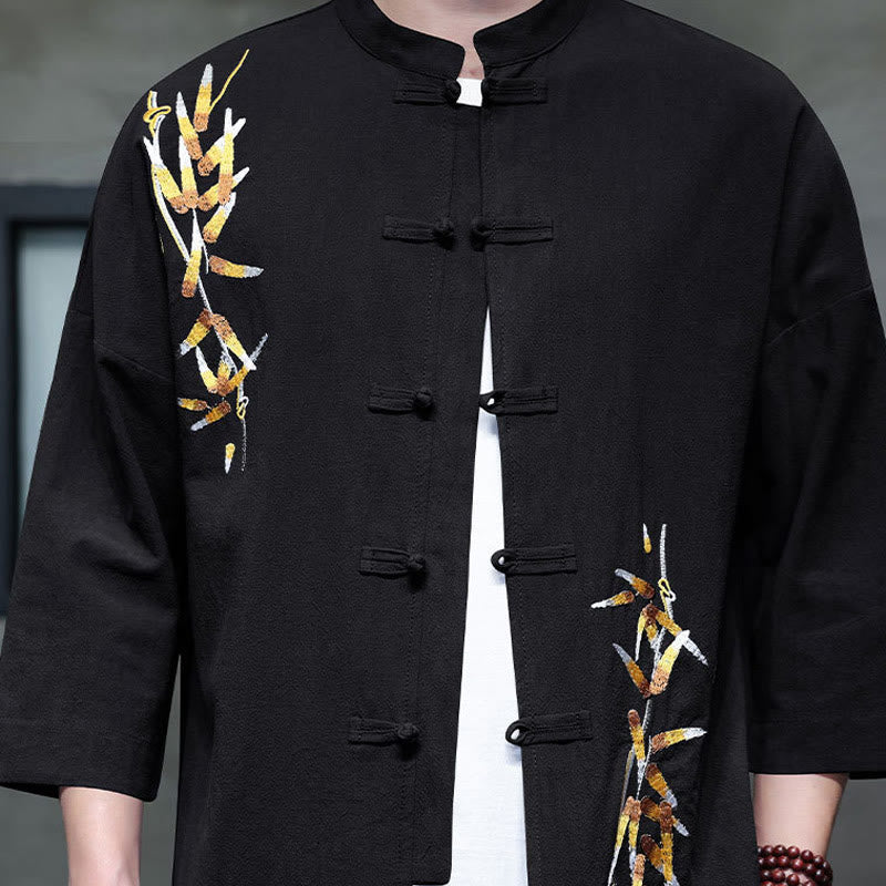 Chemise à manches trois-quarts pour homme, broderie de Buddha Stones , boutons de grenouille chinois, vêtements