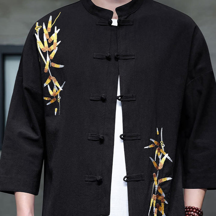 Chemise à manches trois-quarts pour homme, broderie de Buddha Stones , boutons de grenouille chinois, vêtements