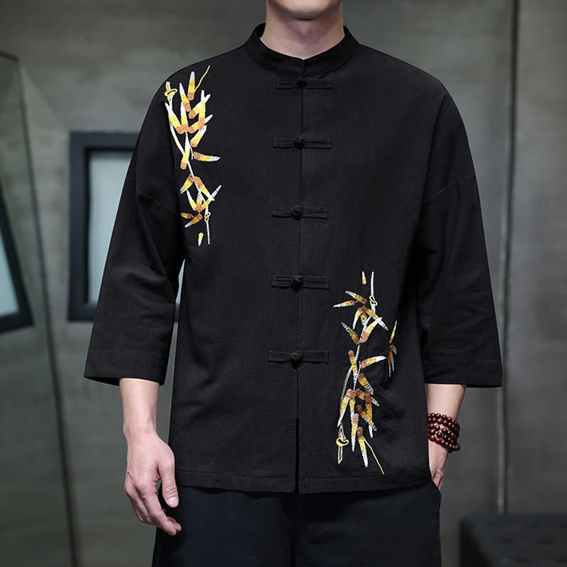 Chemise à manches trois-quarts pour homme, broderie de Buddha Stones , boutons de grenouille chinois, vêtements - Noir - US/UK/AU46，EU56 (5XL) - image 0
