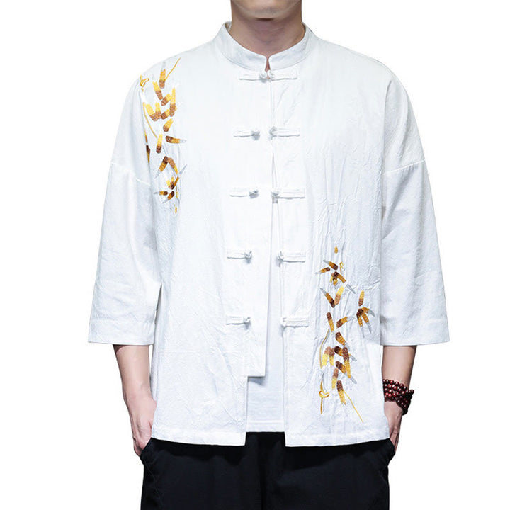 Chemise à manches trois-quarts pour homme, broderie de Buddha Stones , boutons de grenouille chinois, vêtements