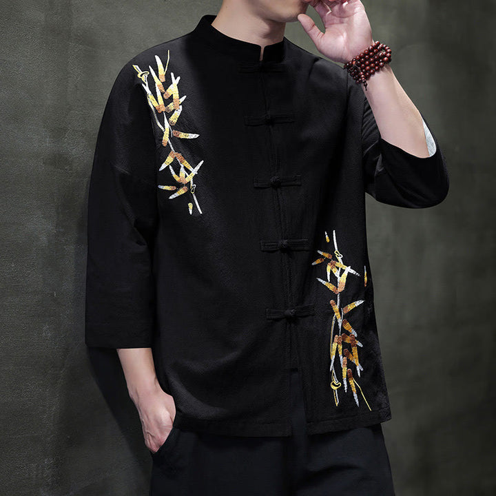Chemise à manches trois-quarts pour homme, broderie de Buddha Stones , boutons de grenouille chinois, vêtements