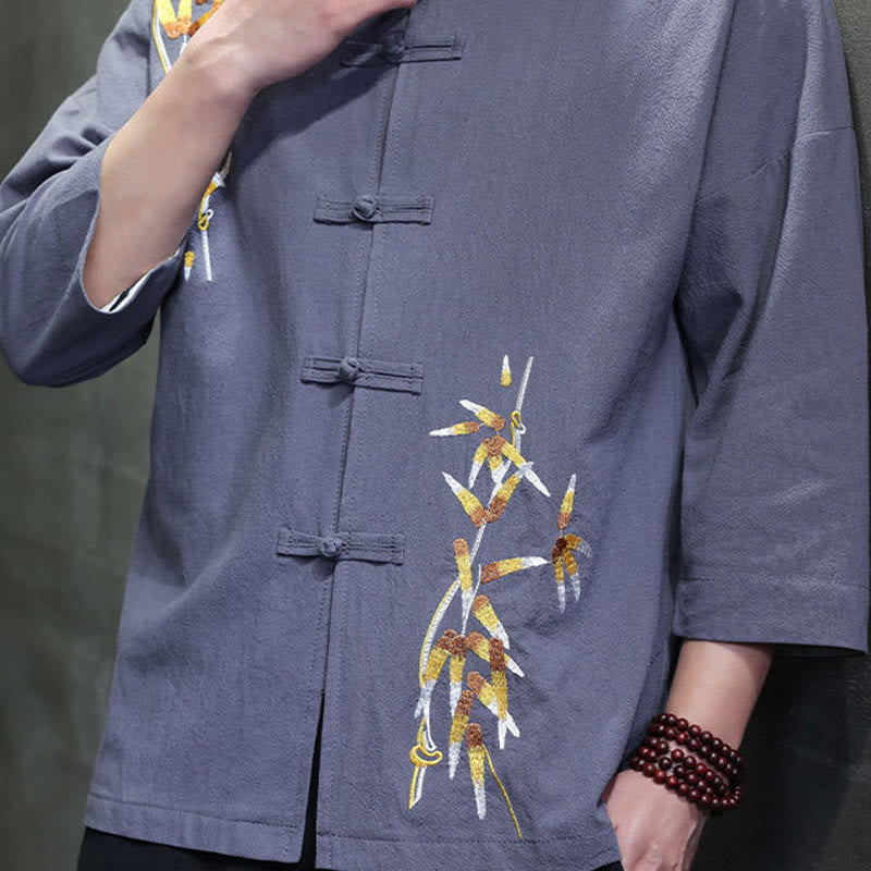 Chemise à manches trois-quarts pour homme, broderie de Buddha Stones , boutons de grenouille chinois, vêtements