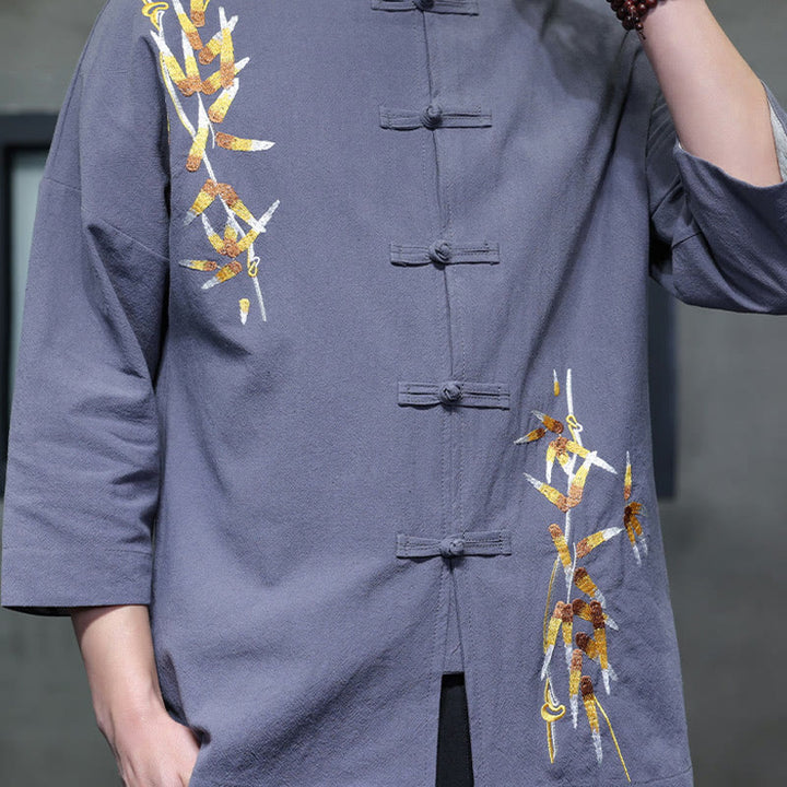 Chemise à manches trois-quarts pour homme, broderie de Buddha Stones , boutons de grenouille chinois, vêtements