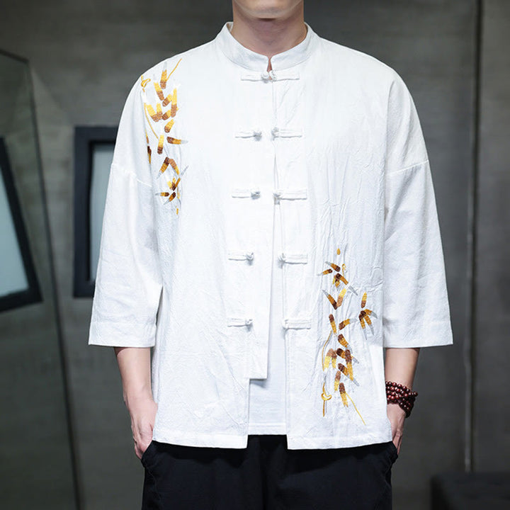 Chemise à manches trois-quarts pour homme, broderie de Buddha Stones , boutons de grenouille chinois, vêtements