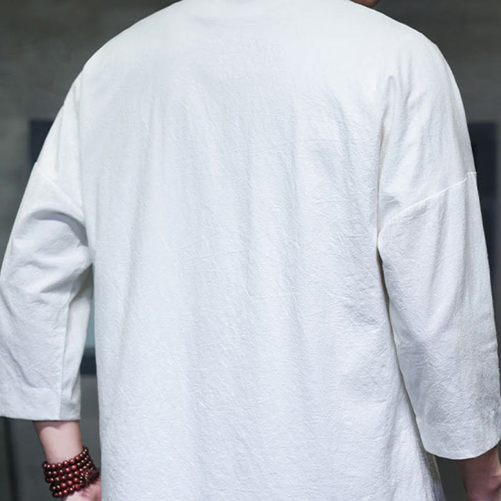 Chemise à manches trois-quarts pour homme, broderie de Buddha Stones , boutons de grenouille chinois, vêtements