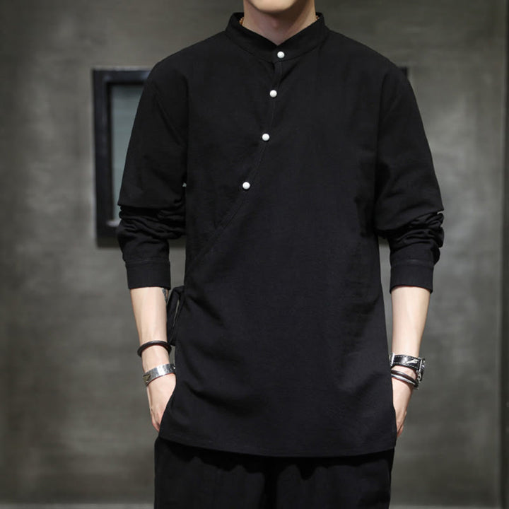 Chemise à manches longues en coton et lin pour homme, motif Buddha Stones, à lacets et boutons simples - Noir - US/UK/AU46，EU56 (5XL) - image 0