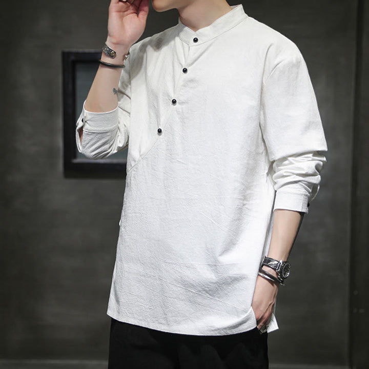 Chemise à manches longues en coton et lin pour homme, motif Buddha Stones, à lacets et boutons simples - image 16