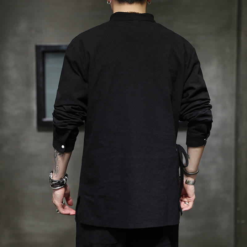 Chemise à manches longues en coton et lin pour homme, motif Buddha Stones, à lacets et boutons simples - image 5