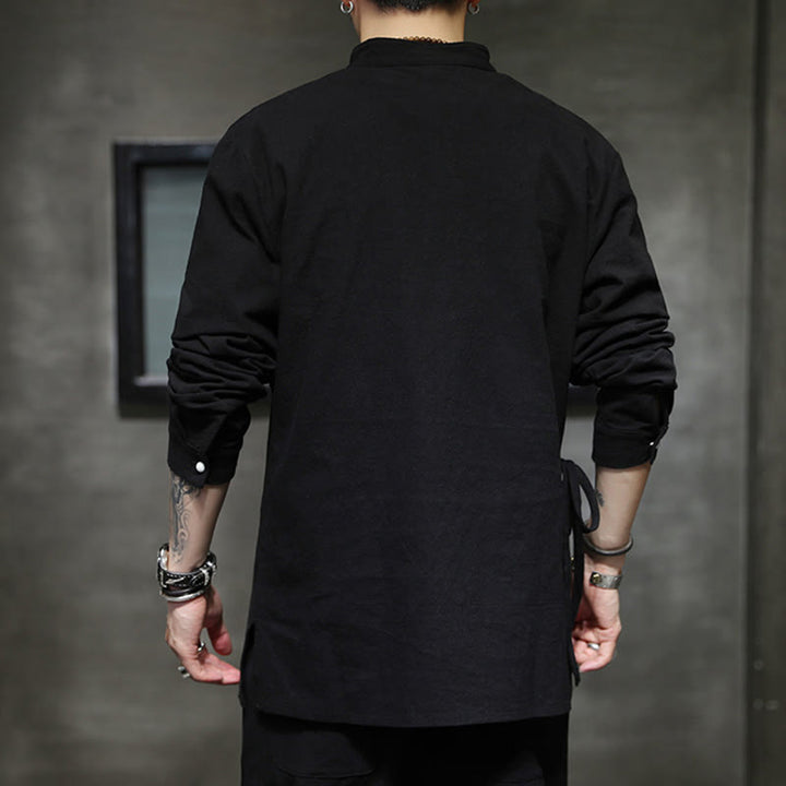 Chemise à manches longues en coton et lin pour homme, motif Buddha Stones, à lacets et boutons simples - image 5