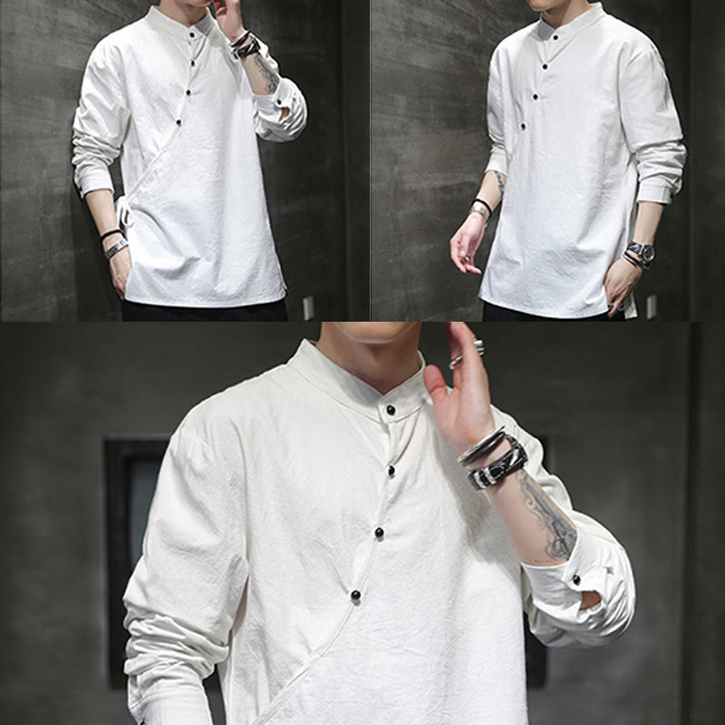 Chemise à manches longues en coton et lin pour homme, motif Buddha Stones, à lacets et boutons simples - image 20