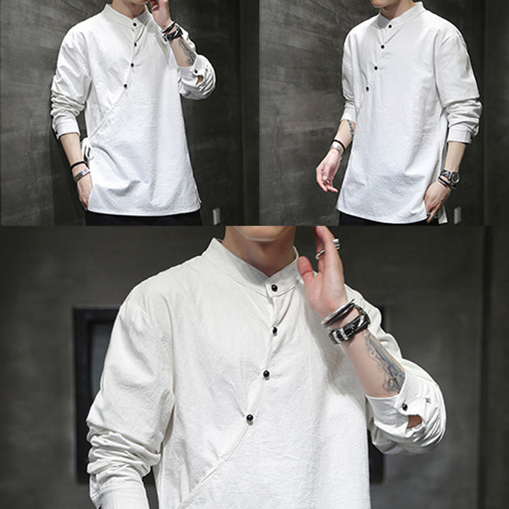 Chemise à manches longues en coton et lin pour homme, motif Buddha Stones, à lacets et boutons simples - image 20